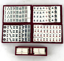 Vintage Japanese Mahjong Set Bone Bamboo Tiles Complete Dice Sticks Velvet Trays picture