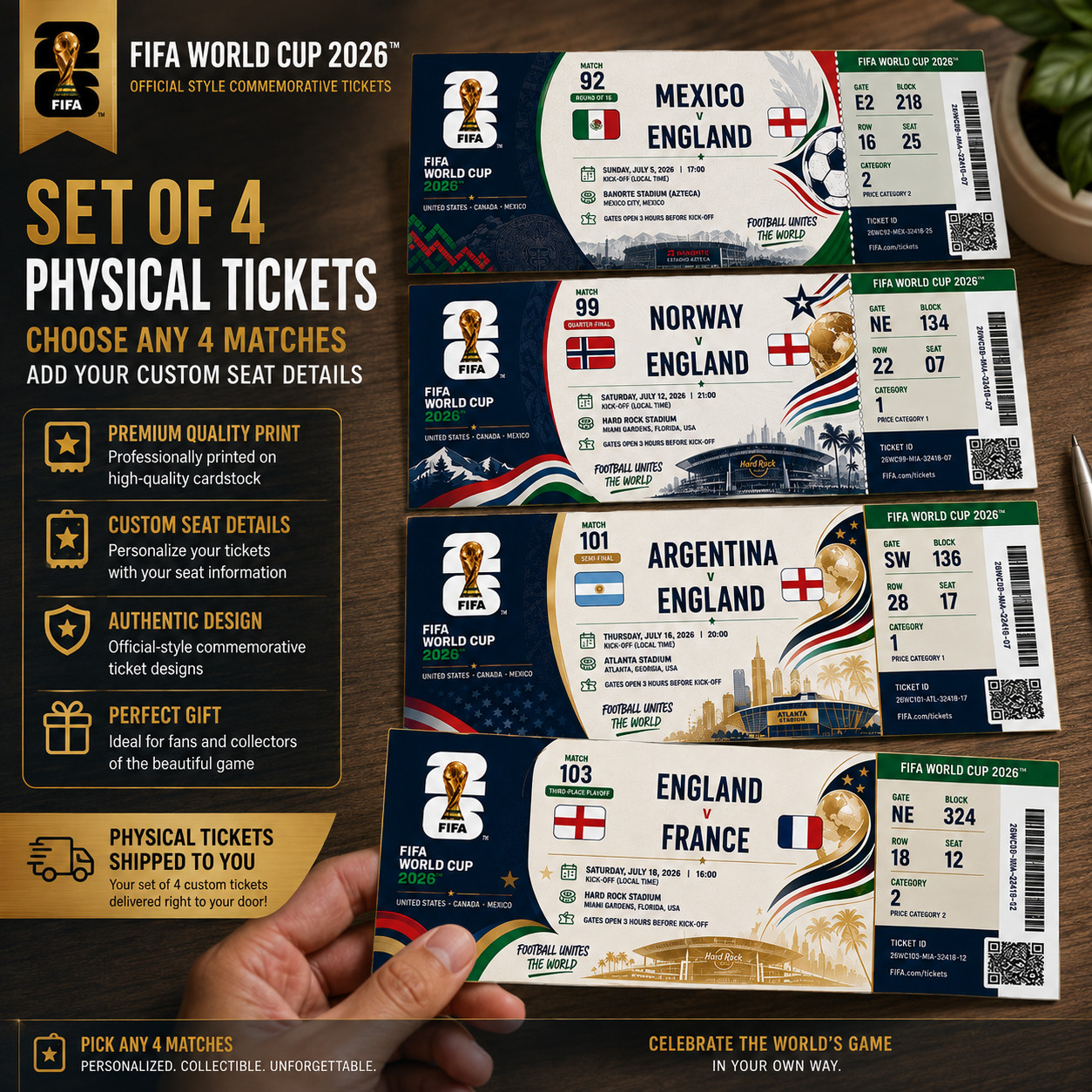 4-set custom FIFA World Cup 26 Commemorative Any Match Tickets USA Canada Mexico 4-set custom FIFA World Cup 26 Commemorative Any Match Tickets USA Canada Mexico