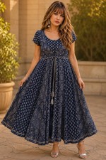 Fusion Navy Blue Embellished Maxi Dress Womens M boho/Indo-Western Tassels picture