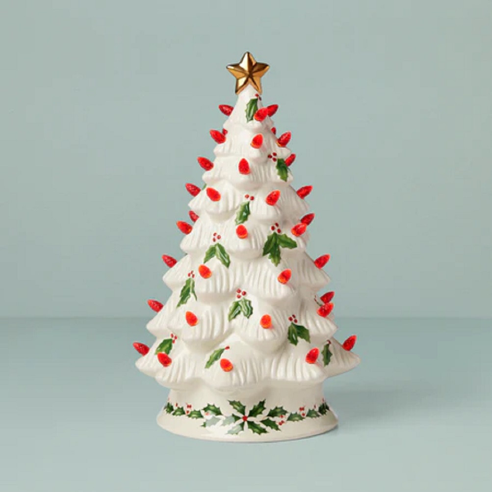 Lenox China Holiday TREASURED TRADITIONS Light Up Tree - Red Bulbs - 12" - N/O Lenox China Holiday TREASURED TRADITIONS Light Up Tree - Red Bulbs - 12" - N/O