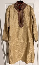 Men's Gold & Maroon Indian Wedding Kurta Sherwani Suit Set with Red Pants Silk picture