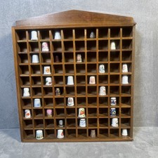 Vintage Wooden 100 Slot Thimble Display Case Glass Door w/ Assorted Collection picture