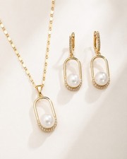 18K Gold Plated Pearl Necklace Earrings Set CZ Dangle Jewelry Gift for Women picture