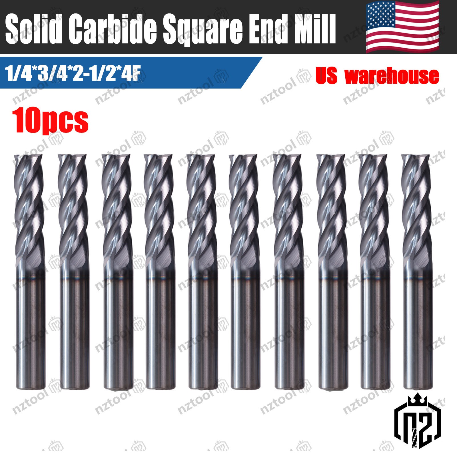 10Pcs 4 Flute 1/4" x 3/4" x 2-1/2" End Mills Solid Carbide AlTiN COATED CNC Bit