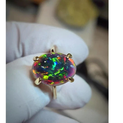 Natural Black Opal Cabochon-Crafted 925 Silver Gold Plated Multi Fire Ring Natural Black Opal Cabochon-Crafted 925 Silver Gold Plated Multi Fire Ring