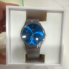 Skagen Denmark Quartz Wristwatch Blue Sunburst Dial Silver Mesh Band Box picture