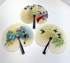 Vintage Chinese Pocket Hand Fans w/ Birds Floral ~ Zhe Jiang Arts & Crafts 1980s picture