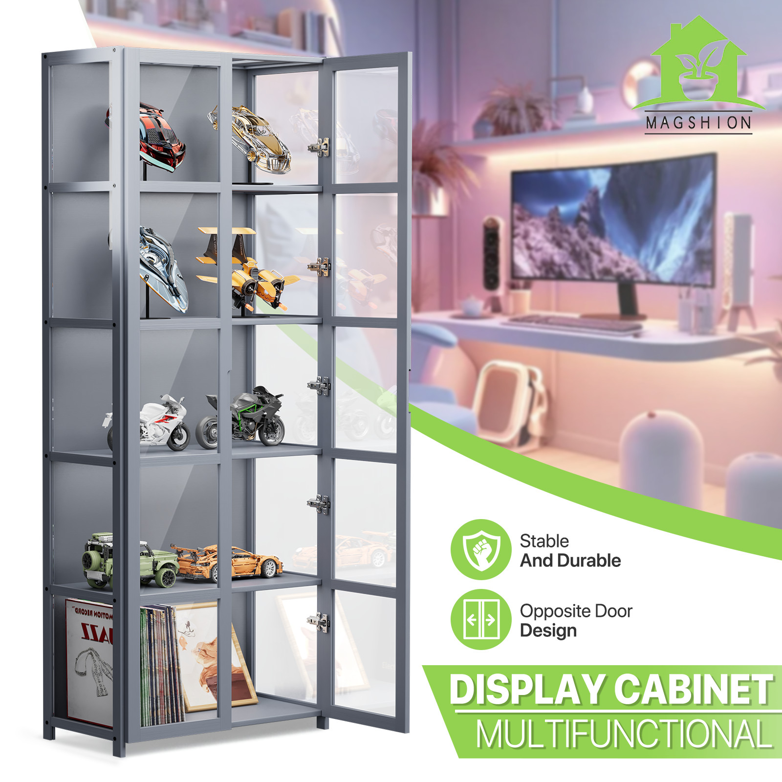Acrylic Display Case 64" 2 Doors Multifunctional Collectibles Showcase??5 Tiers Acrylic Display Case 64" 2 Doors Multifunctional Collectibles Showcase??5 Tiers