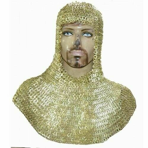 CHAIN MAIL COIF, GOLDEN ZINC PLATED MEDIEVAL ARMOR RIVETED COIF REENACTMENT CHAIN MAIL COIF, GOLDEN ZINC PLATED MEDIEVAL ARMOR RIVETED COIF REENACTMENT