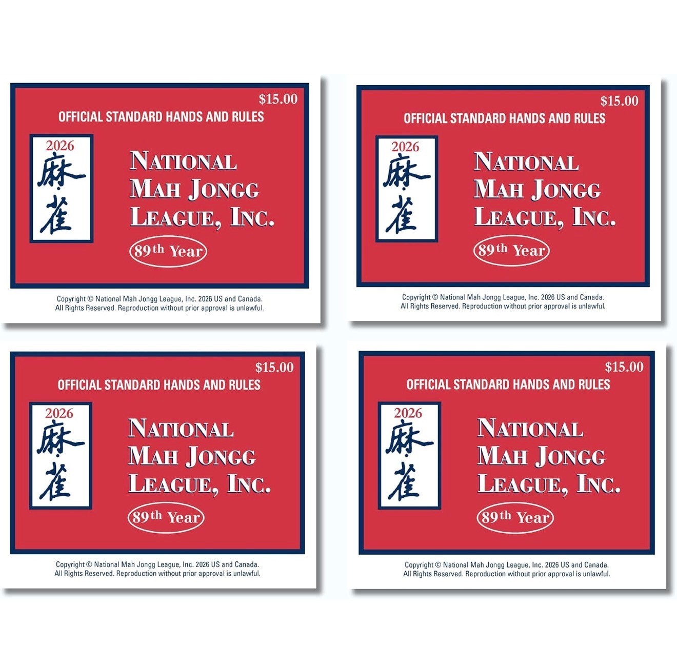 National Mah Jongg 2026 Large Size Cards-4 pack Bundle