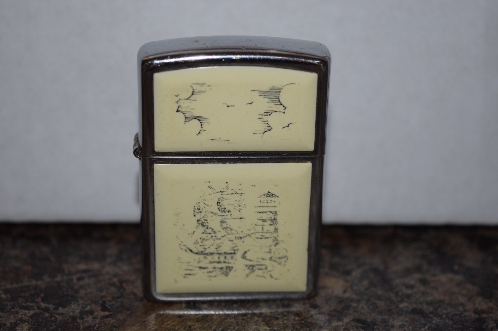 1995 Zippo Scrimshaw Boat and Lighthouse Lighter Ivory Chrome May 1995