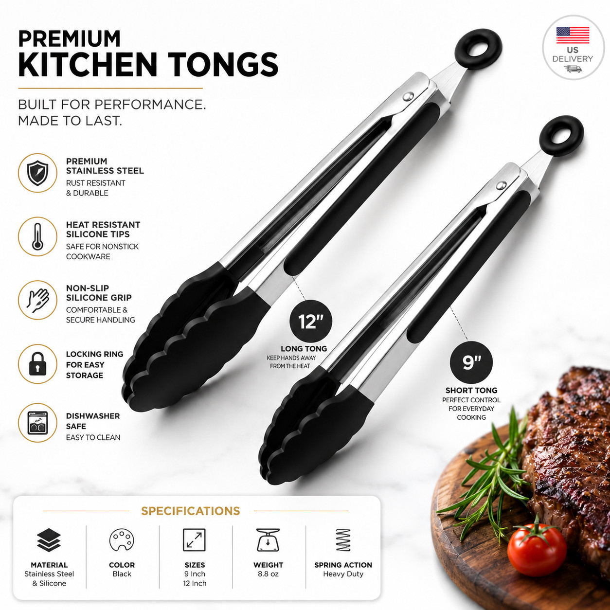 304 Stainless Steel Kitchen Tongs Set 2 Pack 9” & 12” BBQ Cooking 304 Stainless Steel Kitchen Tongs Set 2 Pack 9” & 12” BBQ Cooking