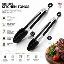 304 Stainless Steel Kitchen Tongs Set 2 Pack 9” & 12” BBQ Cooking picture